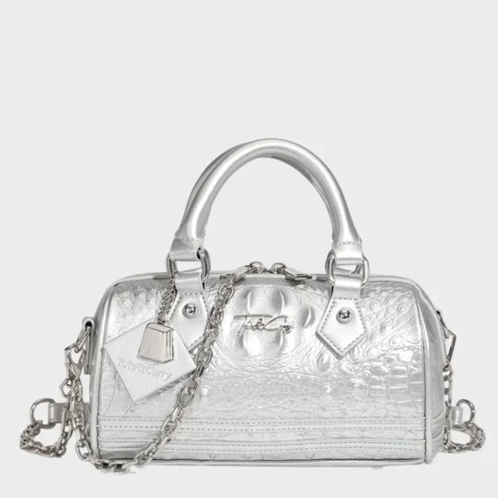 Tote & Carry Silver Crocodile Animal Print Top Handle Bag